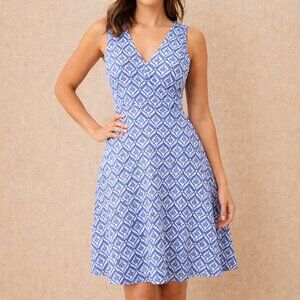 New York & Company Blue White Geometric Fit & Flare Small Dress